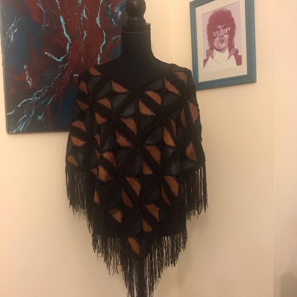 One of a kind crochet and leather poncho